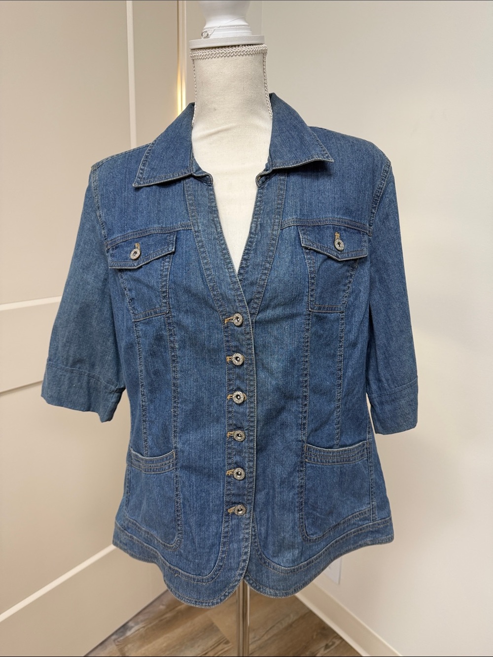 Christopher & Banks Medium Blue Denim Button Jacket